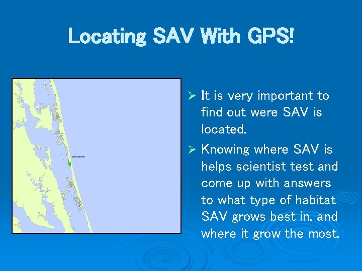 Locating SAV With GPS! It is very important to find out were SAV is