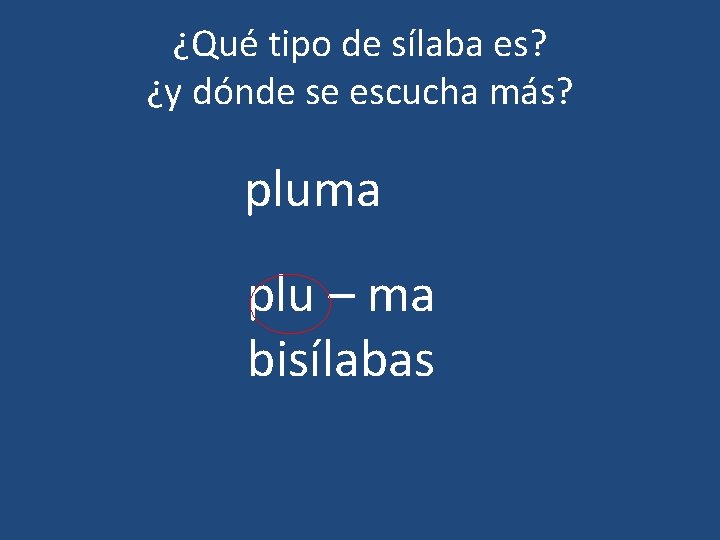 ¿Qué tipo de sílaba es? ¿y dónde se escucha más? pluma plu – ma