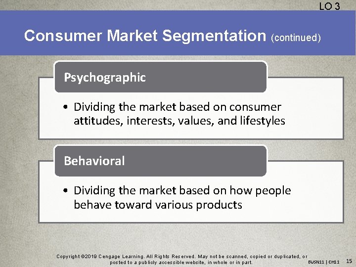 LO 3 Consumer Market Segmentation (continued) Psychographic • Dividing the market based on consumer