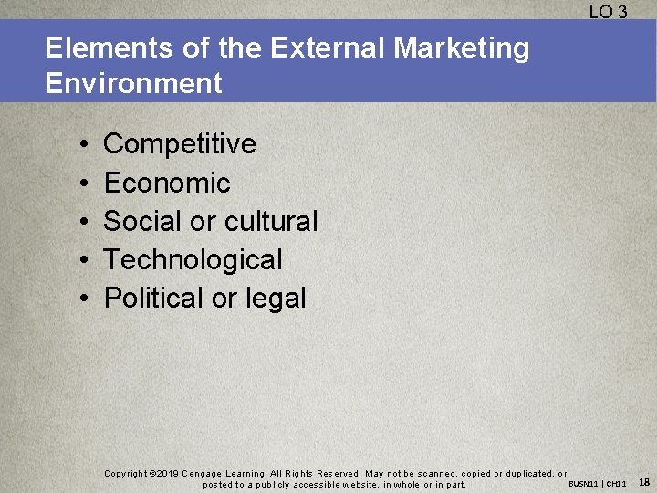 LO 3 Elements of the External Marketing Environment • • • Competitive Economic Social