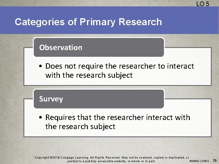 LO 5 Categories of Primary Research Observation • Does not require the researcher to