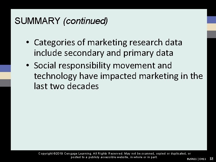 SUMMARY (continued) • Categories of marketing research data include secondary and primary data •