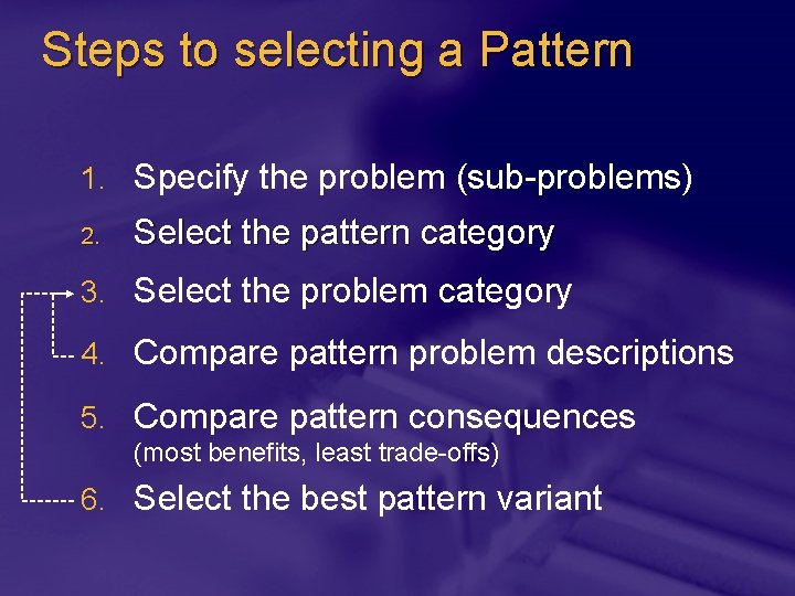 Steps to selecting a Pattern 1. Specify the problem (sub-problems) 2. Select the pattern