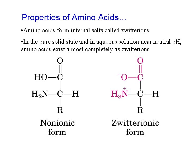 Properties of Amino Acids… • Amino acids form internal salts called zwitterions • In