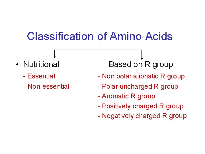 Classification of Amino Acids • Nutritional - Essential - Non-essential Based on R group