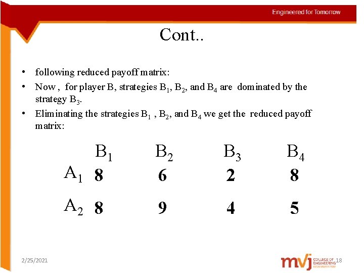 Cont. . • following reduced payoff matrix: • Now , for player B, strategies