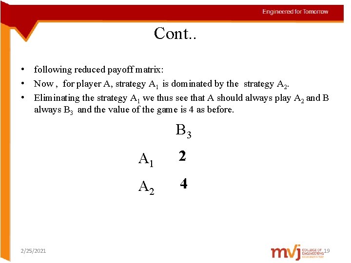 Cont. . • following reduced payoff matrix: • Now , for player A, strategy