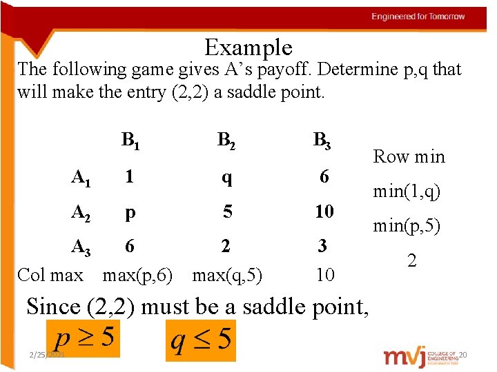 Example The following game gives A’s payoff. Determine p, q that will make the