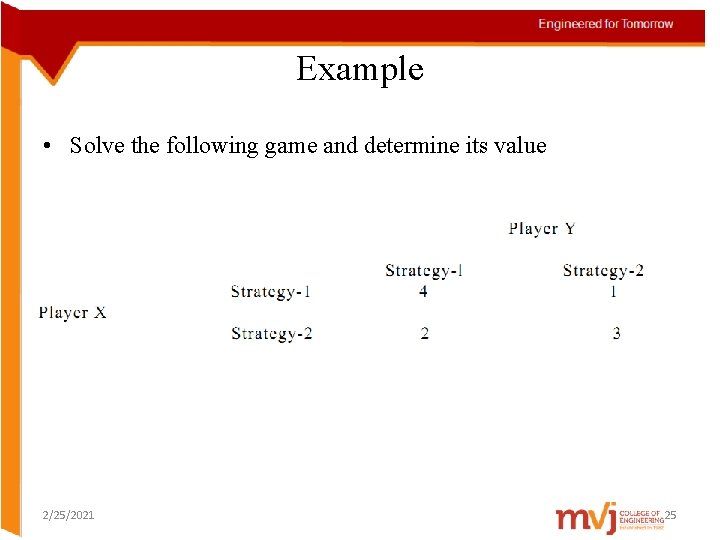 Example • Solve the following game and determine its value 2/25/2021 25 