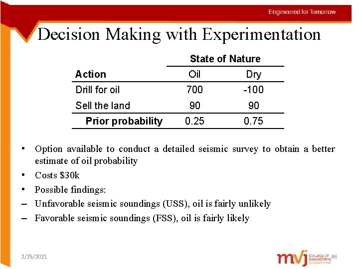 Decision Making with Experimentation State of Nature Action Oil Dry Drill for oil 700