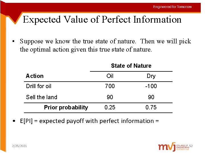 Expected Value of Perfect Information • Suppose we know the true state of nature.