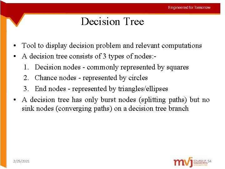 Decision Tree • Tool to display decision problem and relevant computations • A decision