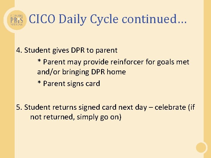 CICO Daily Cycle continued… 4. Student gives DPR to parent * Parent may provide