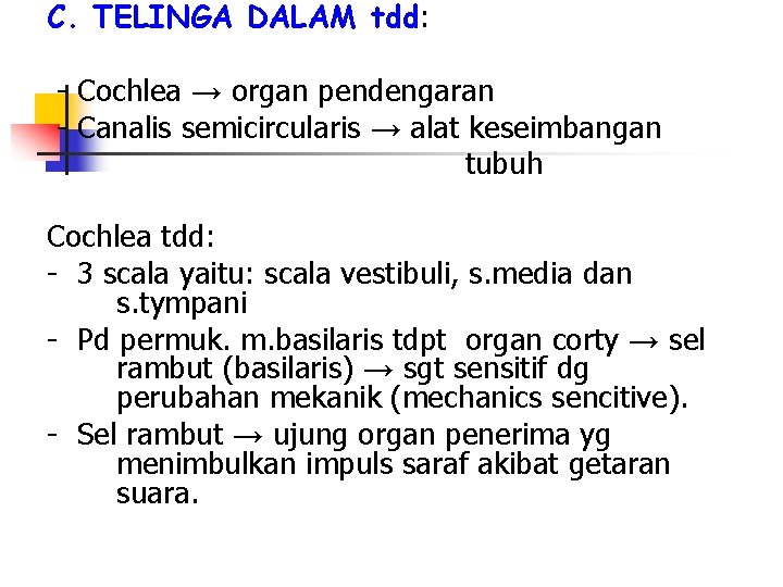 C. TELINGA DALAM tdd: - Cochlea → organ pendengaran - Canalis semicircularis → alat