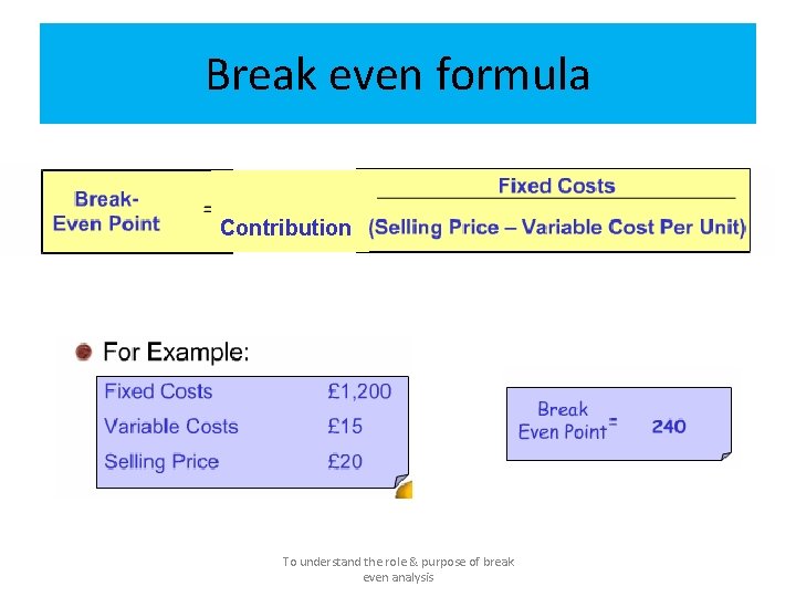 Break even formula Contribution To understand the role & purpose of break even analysis