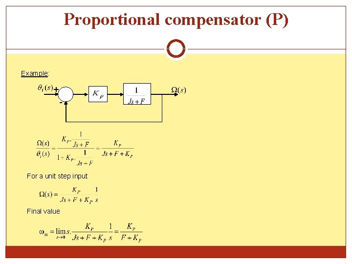 Proportional compensator (P) Example: + - For a unit step input Final value 