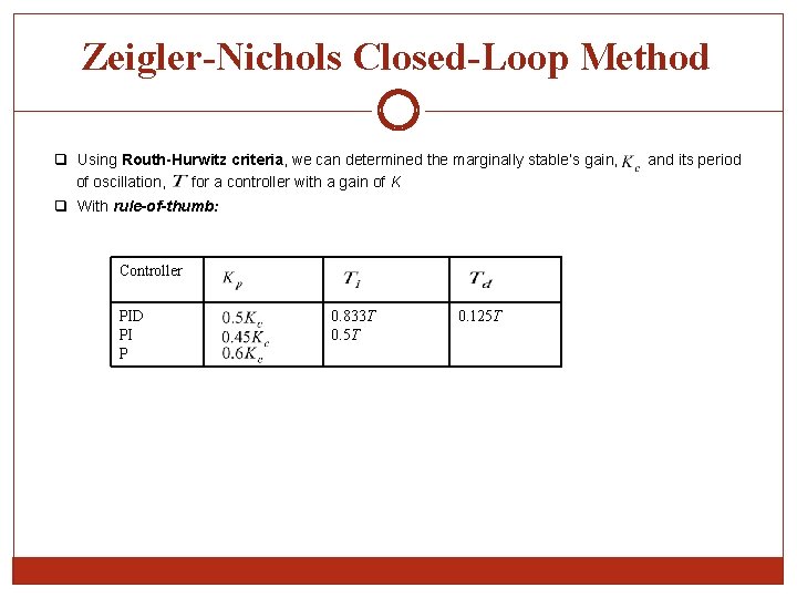 Zeigler-Nichols Closed-Loop Method q Using Routh-Hurwitz criteria, we can determined the marginally stable’s gain,