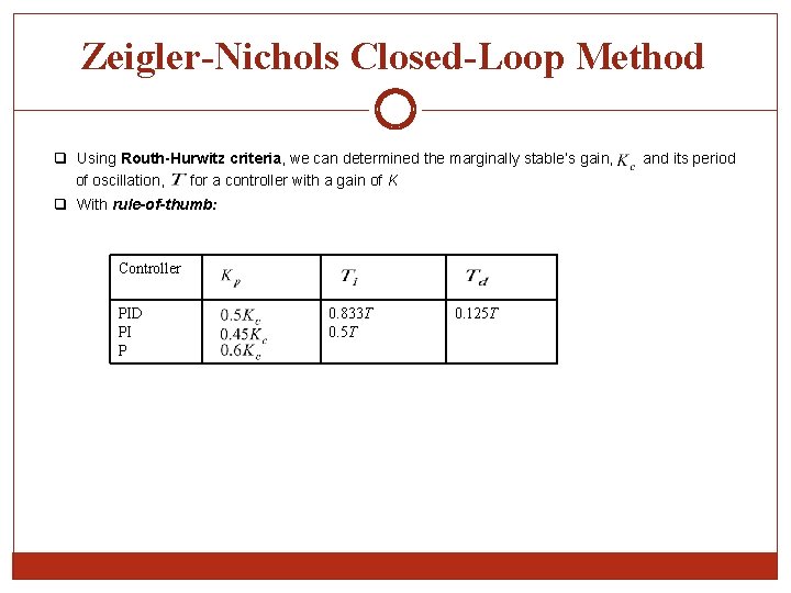 Zeigler-Nichols Closed-Loop Method q Using Routh-Hurwitz criteria, we can determined the marginally stable’s gain,