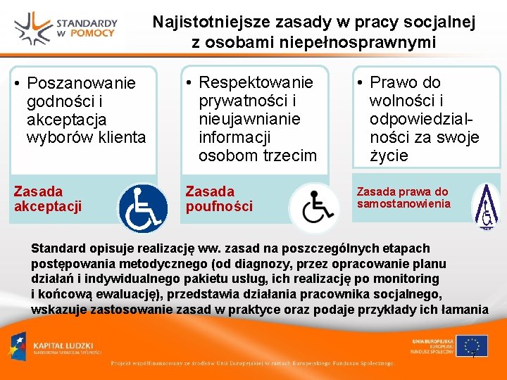 Najistotniejsze zasady w pracy socjalnej z osobami niepełnosprawnymi • Poszanowanie godności i akceptacja wyborów