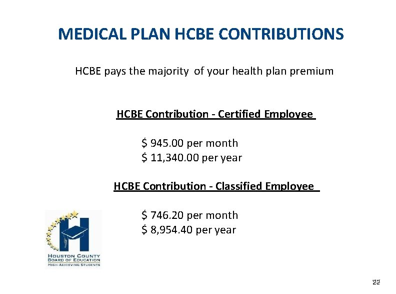 MEDICAL PLAN HCBE CONTRIBUTIONS HCBE pays the majority of your health plan premium HCBE