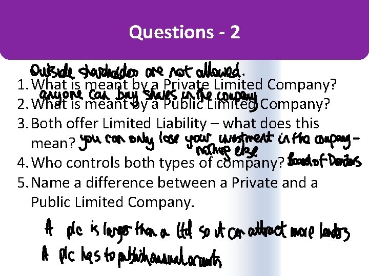 Questions - 2 1. What is meant by a Private Limited Company? 2. What