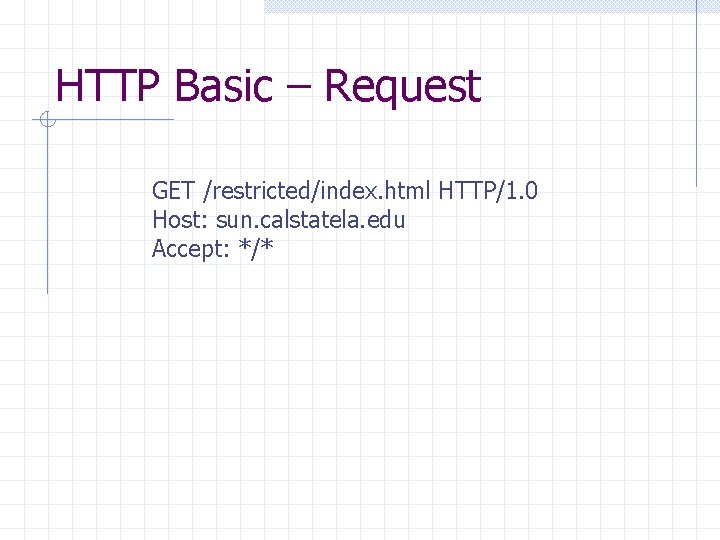 HTTP Basic – Request GET /restricted/index. html HTTP/1. 0 Host: sun. calstatela. edu Accept: