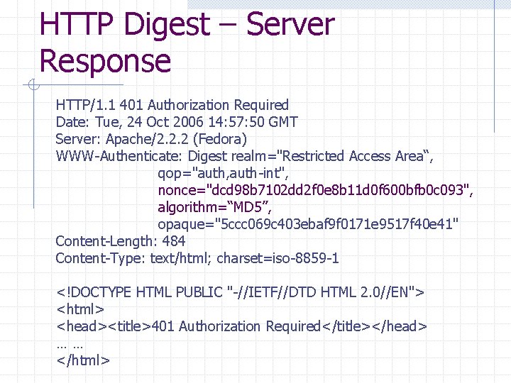 HTTP Digest – Server Response HTTP/1. 1 401 Authorization Required Date: Tue, 24 Oct