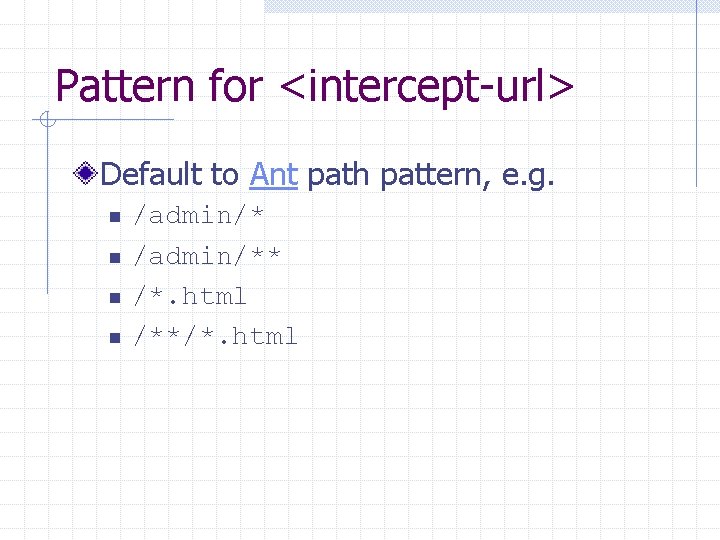 Pattern for <intercept-url> Default to Ant path pattern, e. g. n n /admin/** /*.