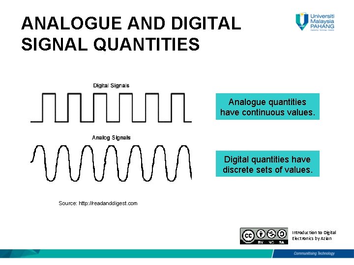 ANALOGUE AND DIGITAL SIGNAL QUANTITIES Analogue quantities have continuous values. Digital quantities have discrete