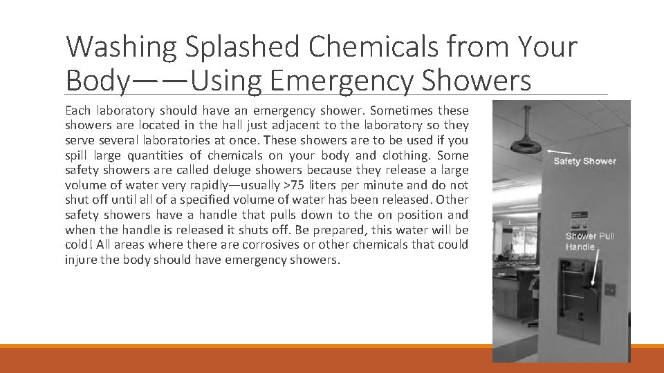 Washing Splashed Chemicals from Your Body——Using Emergency Showers Each laboratory should have an emergency