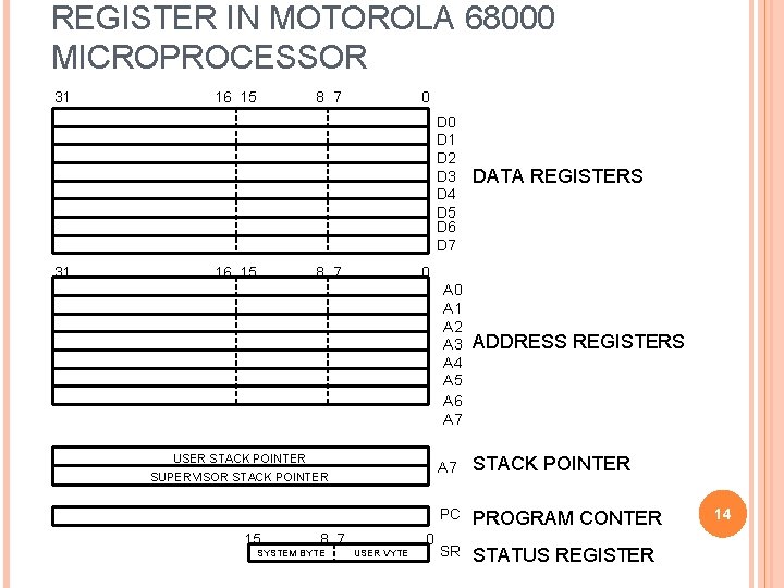 REGISTER IN MOTOROLA 68000 MICROPROCESSOR 31 16 15 8 7 0 D 1 D