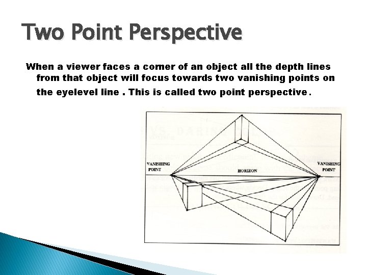 Two Point Perspective When a viewer faces a corner of an object all the