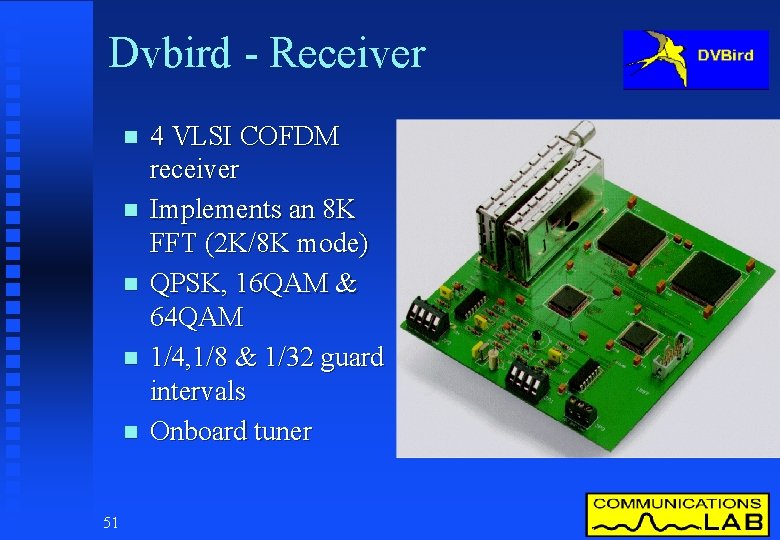 Dvbird - Receiver n n n 51 4 VLSI COFDM receiver Implements an 8