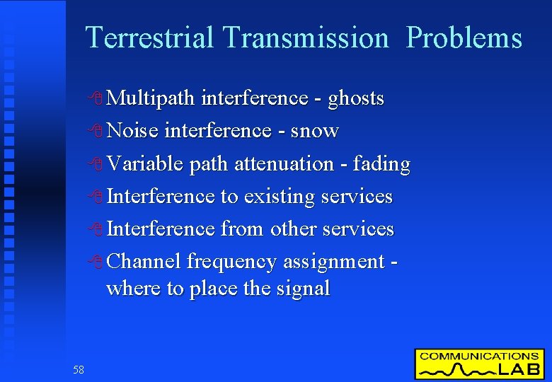 Terrestrial Transmission Problems 8 Multipath interference - ghosts 8 Noise interference - snow 8