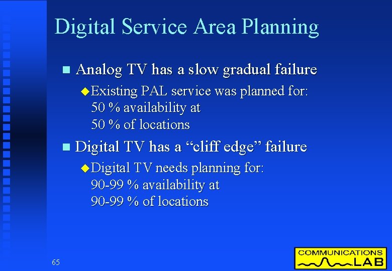 Digital Service Area Planning n Analog TV has a slow gradual failure u Existing