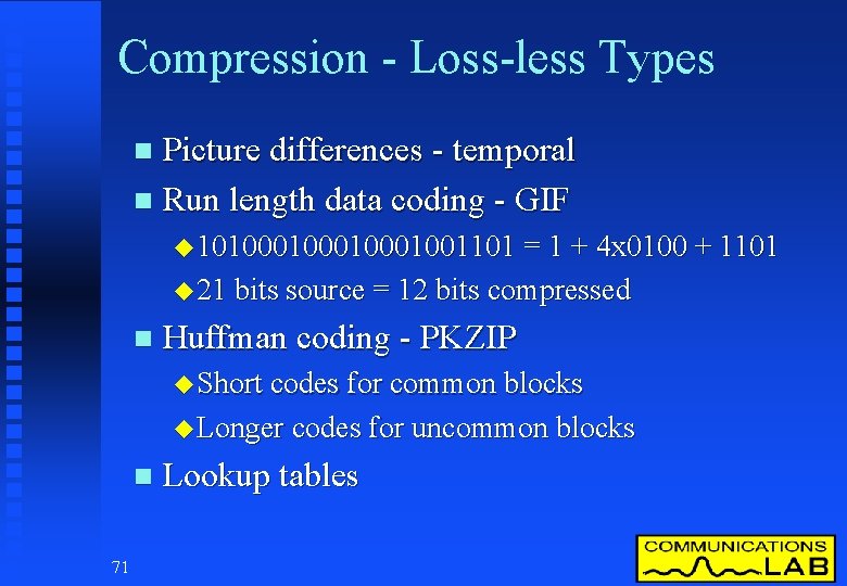Compression - Loss-less Types Picture differences - temporal n Run length data coding -
