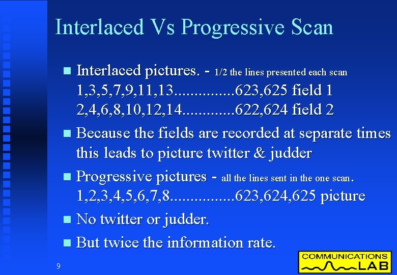 Interlaced Vs Progressive Scan Interlaced pictures. - 1/2 the lines presented each scan 1,