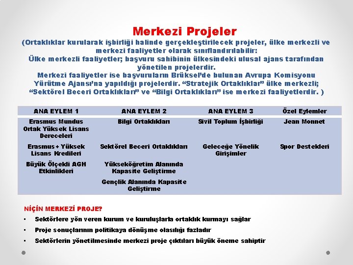 Merkezi Projeler (Ortaklıklar kurularak işbirliği halinde gerçekleştirilecek projeler, ülke merkezli ve merkezi faaliyetler olarak