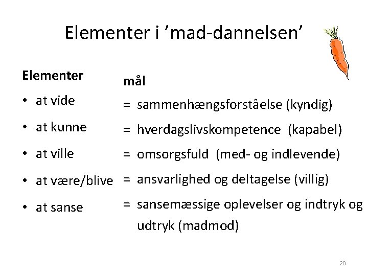 Elementer i ’mad-dannelsen’ Elementer mål • at vide = sammenhængsforståelse (kyndig) • at kunne