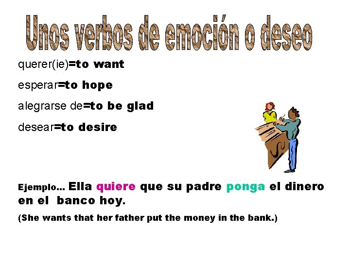 querer(ie)=to want esperar=to hope alegrarse de=to be glad desear=to desire Ella quiere que su