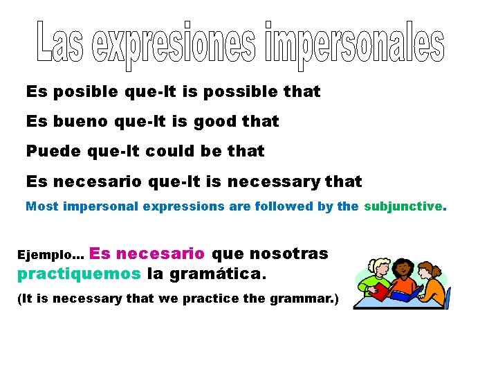 Es posible que-It is possible that Es bueno que-It is good that Puede que-It