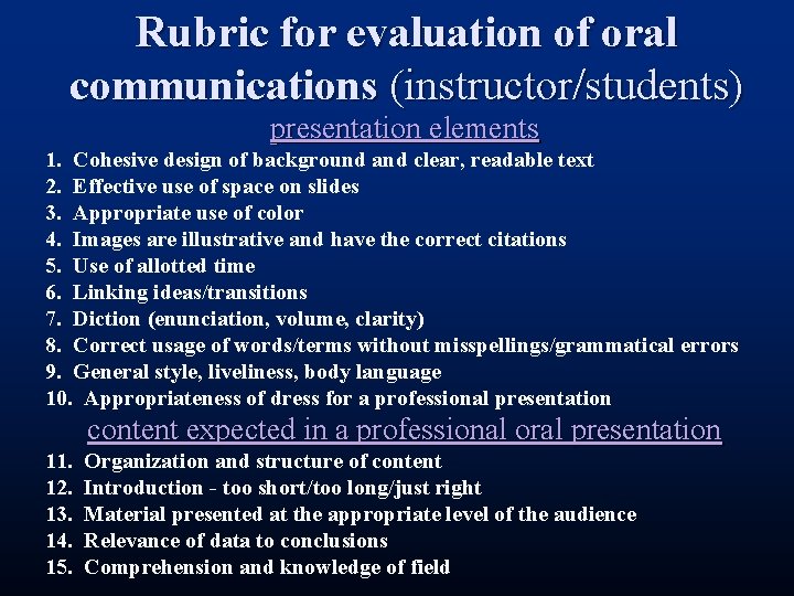 Rubric for evaluation of oral communications (instructor/students) presentation elements 1. Cohesive design of background