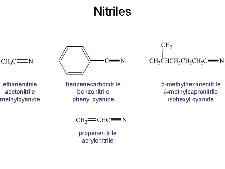 Nitriles ethanenitrile acetonitrile methylcyanide benzenecarbonitrile benzonitrile phenyl cyanide propenenitrile acrylonitrile 5 -methylhexanenitrile d-methylcapronitrile isohexyl