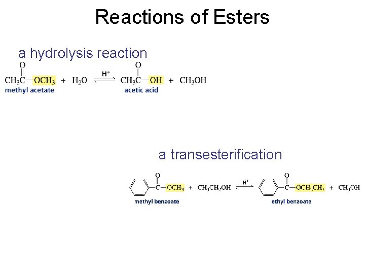 Reactions of Esters a hydrolysis reaction a transesterification 