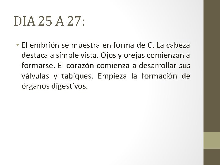 DIA 25 A 27: • El embrión se muestra en forma de C. La