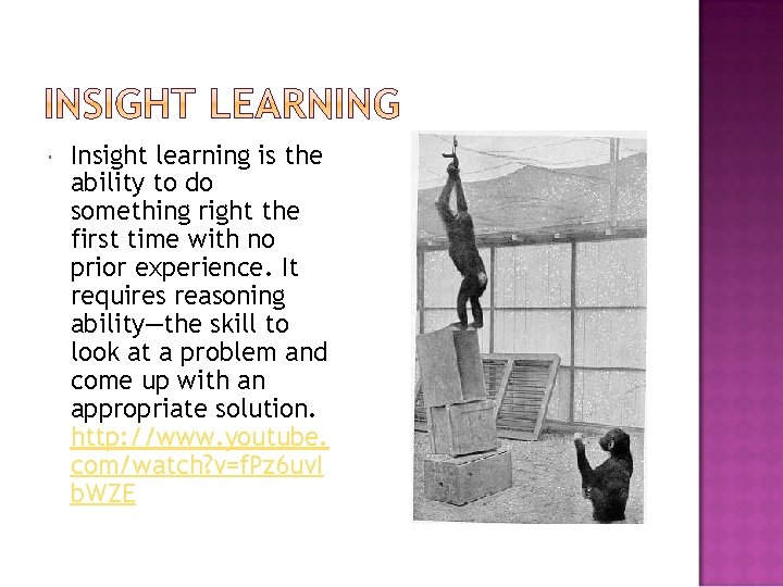 Insight learning is the ability to do something right the first time with