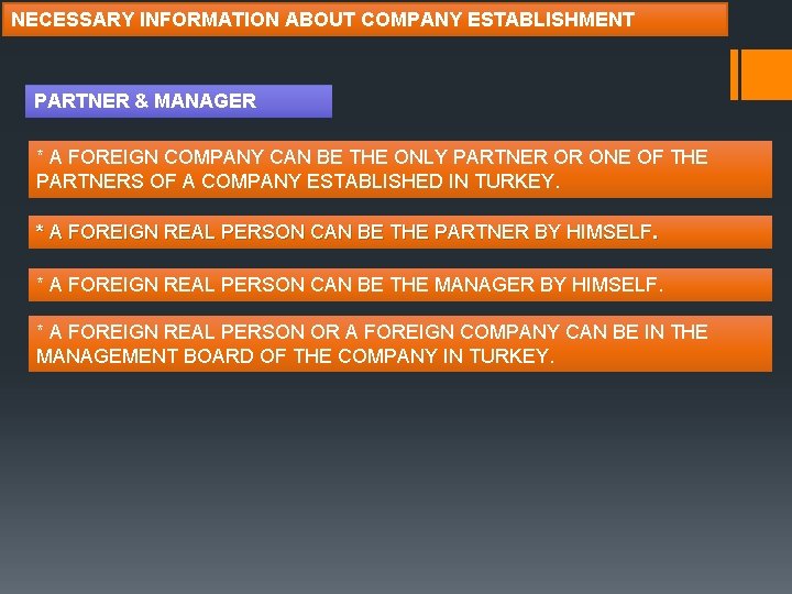 NECESSARY INFORMATION ABOUT COMPANY ESTABLISHMENT PARTNER & MANAGER * A FOREIGN COMPANY CAN BE