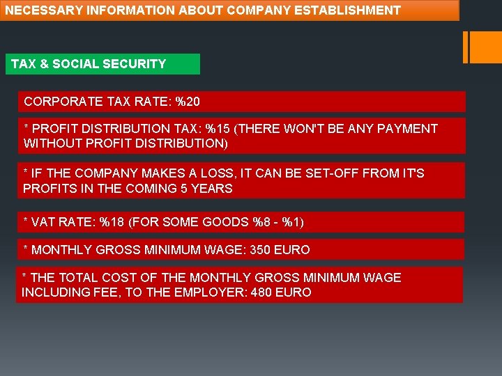 NECESSARY INFORMATION ABOUT COMPANY ESTABLISHMENT TAX & SOCIAL SECURITY CORPORATE TAX RATE: %20 *