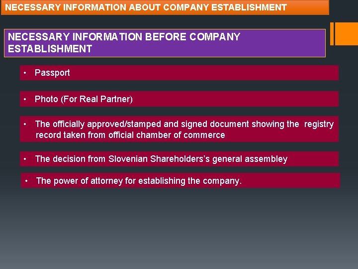 NECESSARY INFORMATION ABOUT COMPANY ESTABLISHMENT NECESSARY INFORMATION BEFORE COMPANY ESTABLISHMENT • Passport • Photo