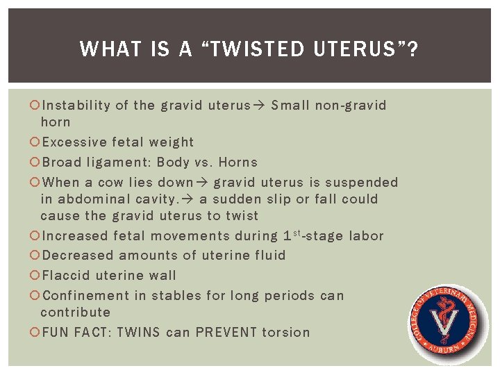 WHAT IS A “TWISTED UTERUS”? Instability of the gravid uterus Small non-gravid horn Excessive